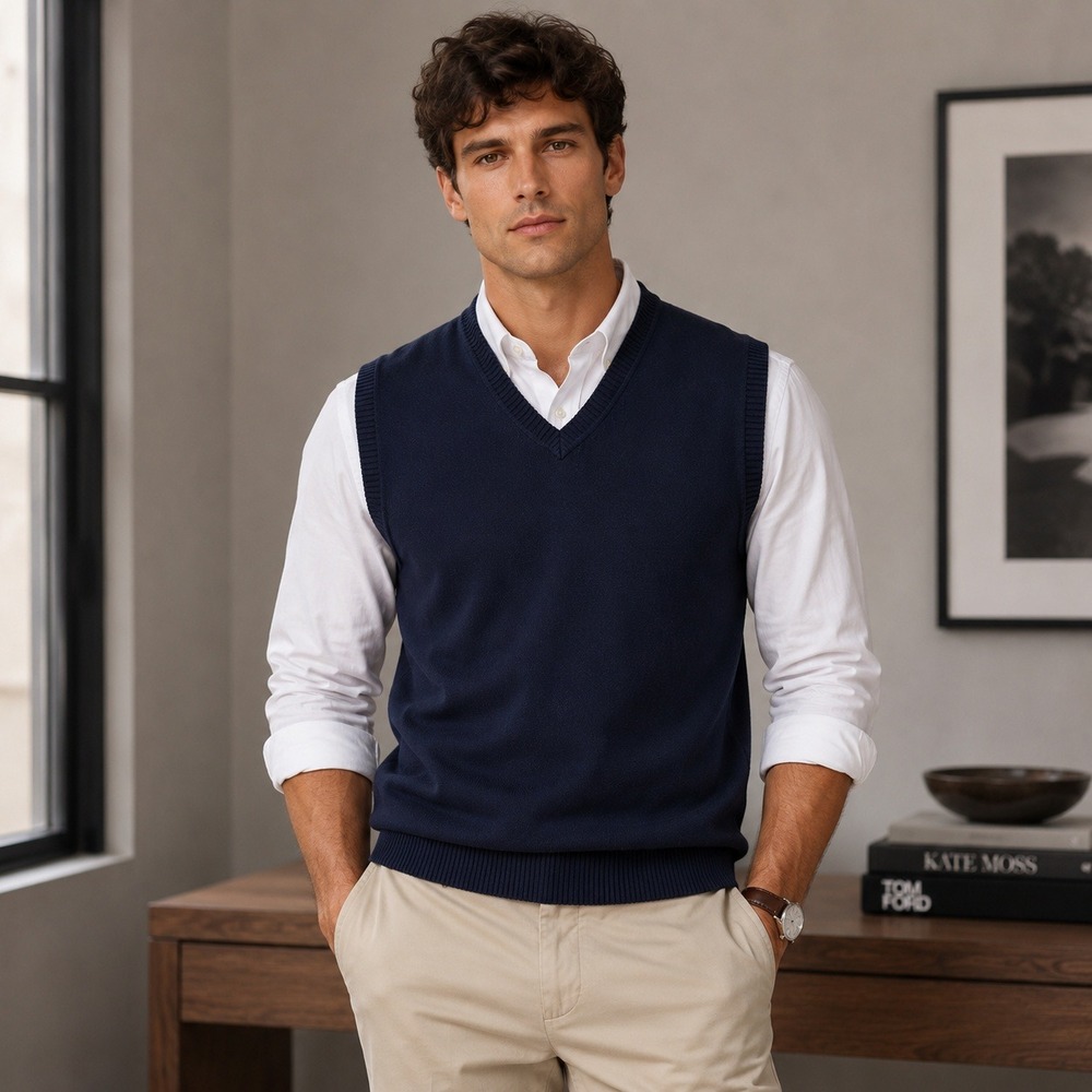 Jos A Bank Pima Cotton Sweater Vest Mens Size M Navy Blue Business Casual Preppy